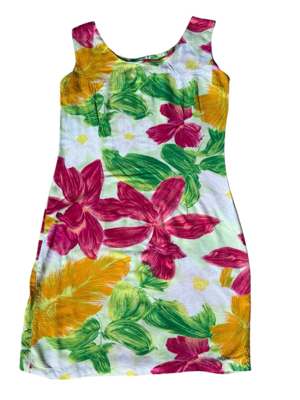 Jams World Orchadia Sun Dress Pink Green Tropical Hawaiian Rayon Back Vent XS